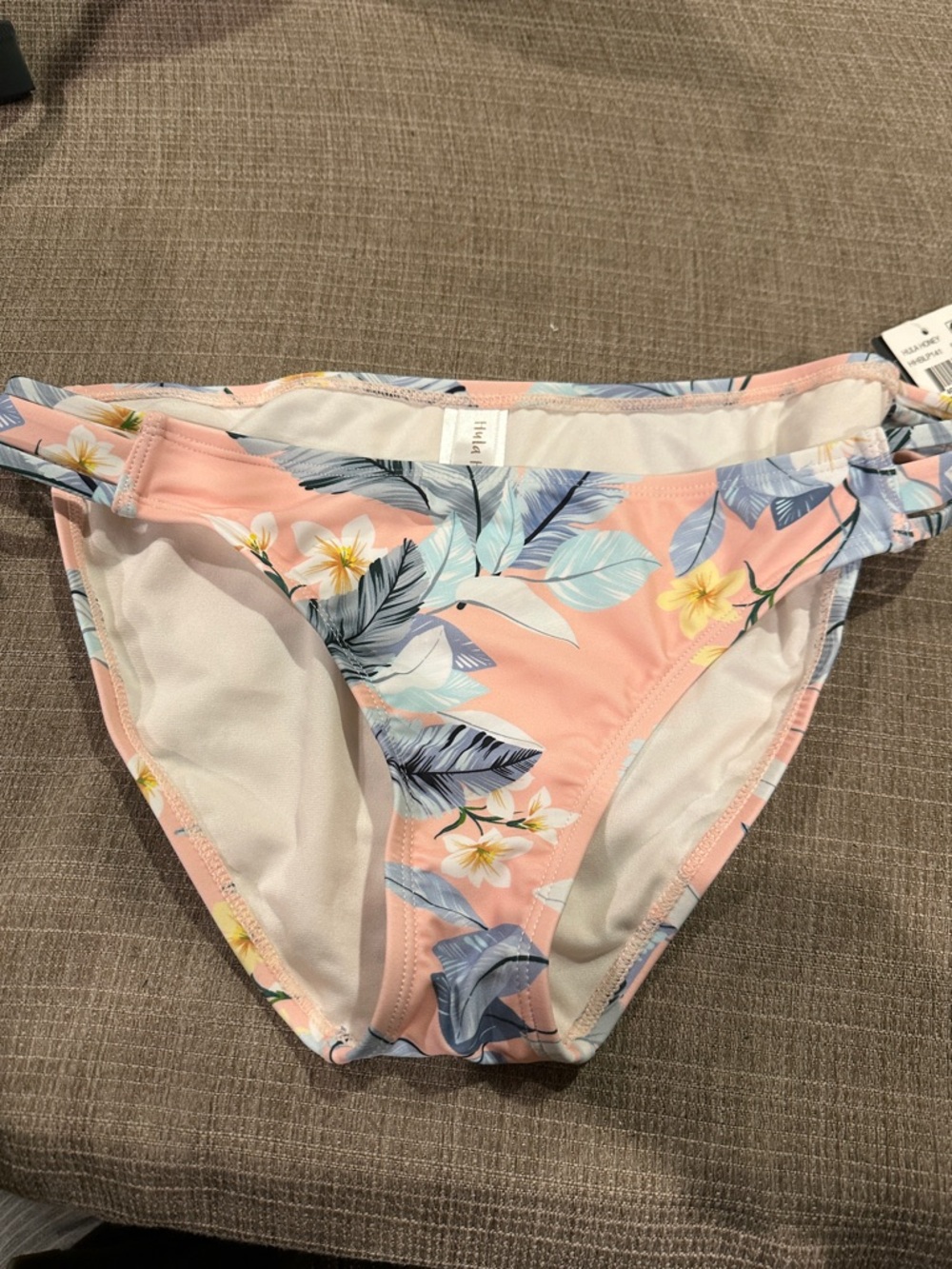 Hula Honey Pink Floral Tropical Bikini Bottoms with Blue Leaf Print